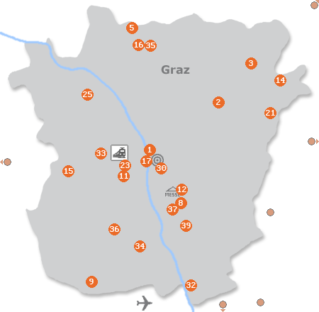 Karte mit Pensionen und anderen Unterkünften in Graz