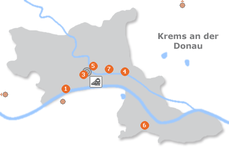 Karte mit Pensionen und anderen Unterkünften in Krems an der Donau