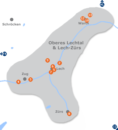 Karte mit Pensionen und anderen Unterkünften im Lechtal bei Lech-Zürs