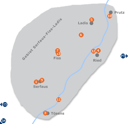 Karte mit Pensionen und anderen Unterkünften im Gebiet Serfaus-Fiss-Ladis