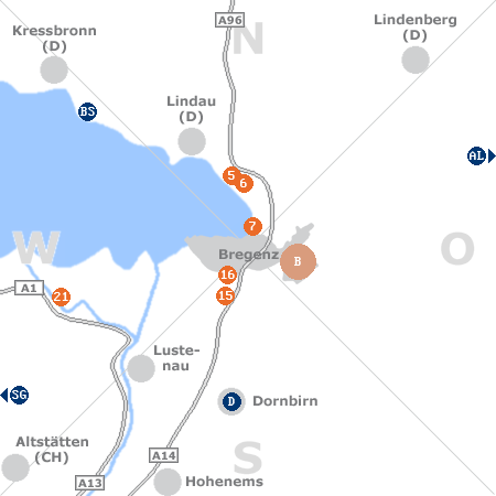 Karte mit Pensionen und anderen Unterkünften rund um Bregenz