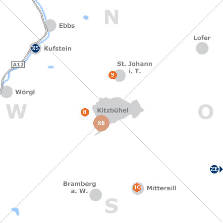 Karte mit Pensionen und anderen Unterkünften rund um Kitzbühel