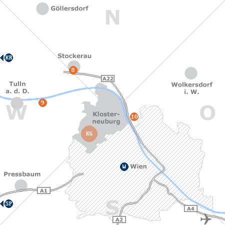Karte mit Pensionen und anderen Unterkünften rund um Klosterneuburg