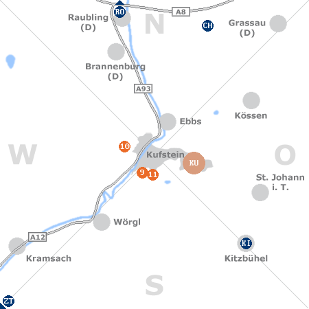 Karte mit Pensionen und anderen Unterkünften rund um Kufstein