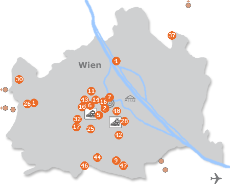 Karte mit Pensionen und anderen Unterkünften in Wien